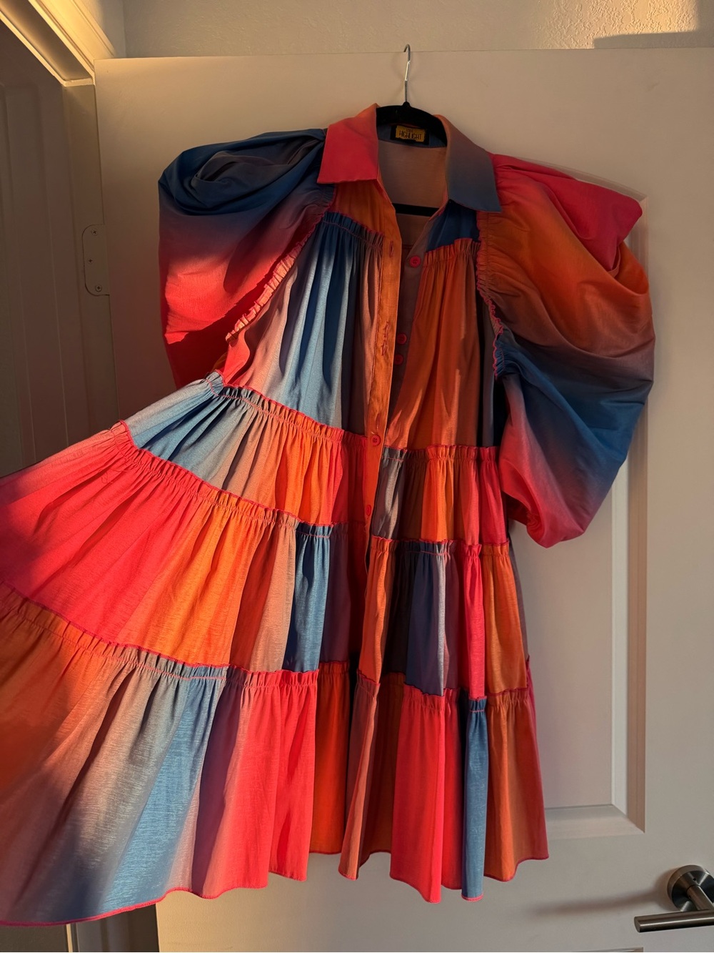 Tiered Mini Dress with Puff Sleeves - Pink, Blue & Orange